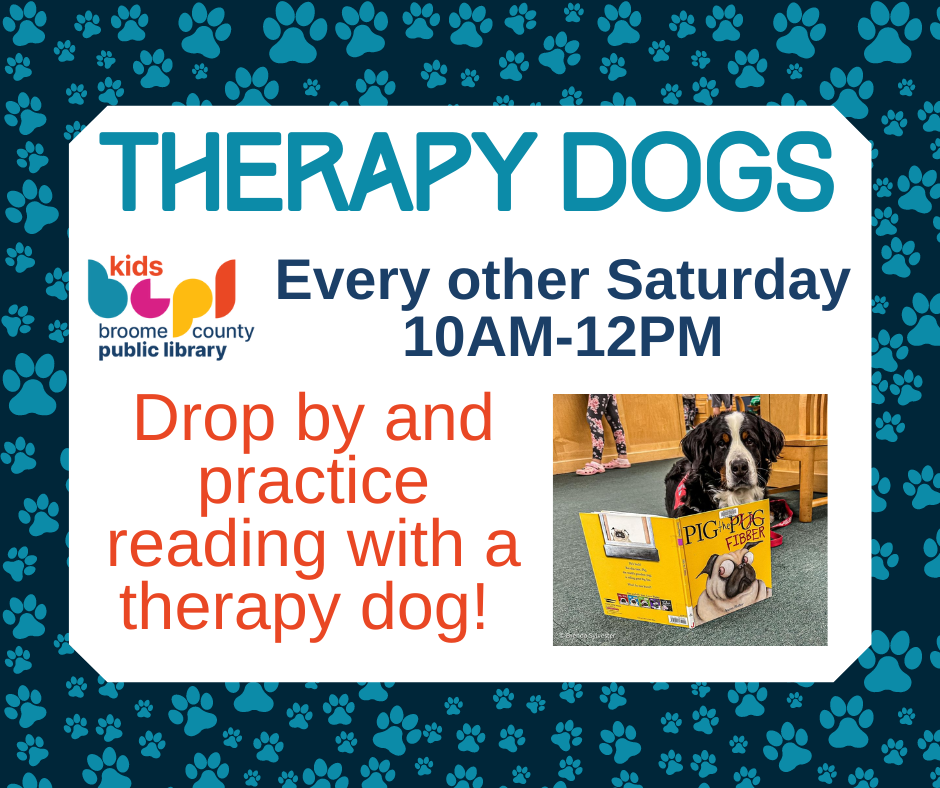 Image of dog reading the book Pig the Fibber. Text reads Therapy Dogs, Every other Saturday 10AM-12PM,  Drop by and practice reading with a therapy dog!