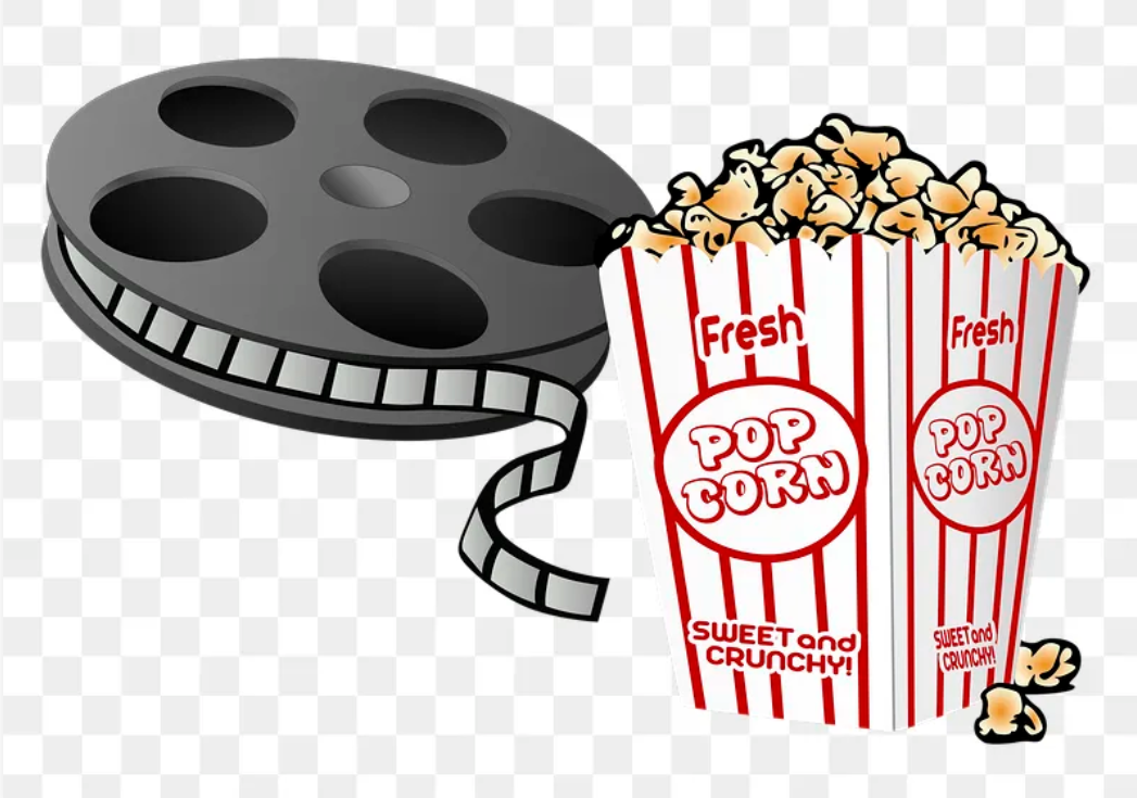 A cartoon style reel of film is next to a cartoon style red and white container of popcorn. The container reads 'Fresh Popcorn. Sweet and Crunchy!' The popcorn is yellow. There are two pieces of popcorn next to the outside of the container.