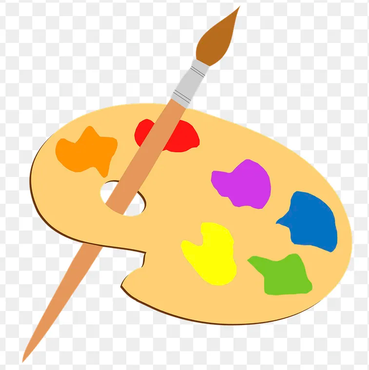 A brown paint palette with red, yellow, purple, blue, green, and orange circles of paint. A brown paintbrush goes through the palette.
