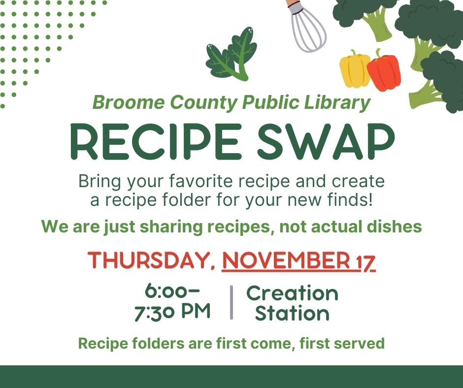 Recipe Swap event announcement; green text on a white background with pictures of vegetables