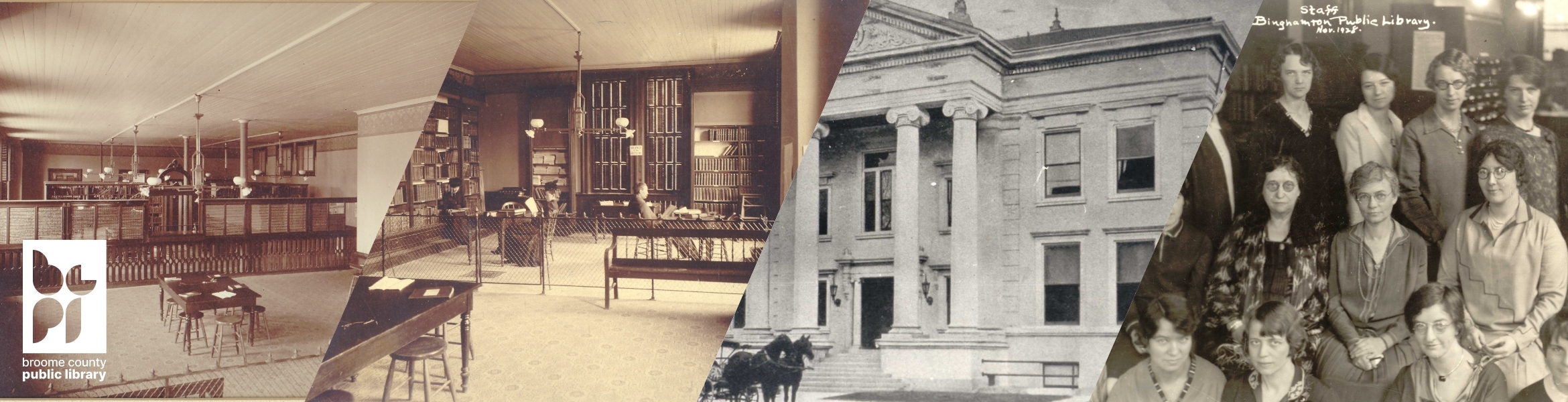 Library History Collage Header showing four separate images, three sepia and one black and white, of the library through the years