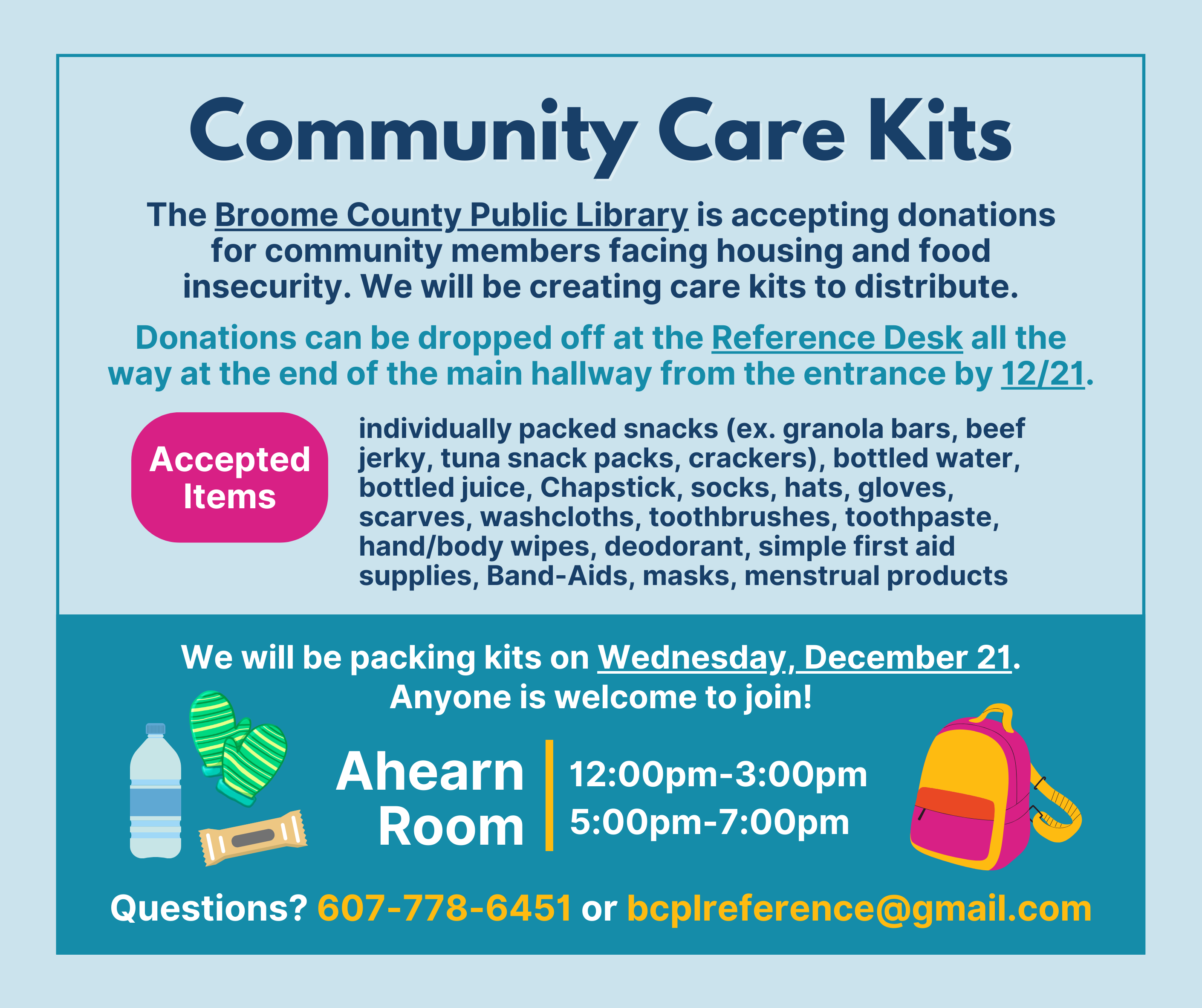 A post for community care kits. It says Community Care Kits at the top and then provides event details and donation details.