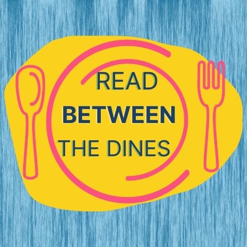 abstract plate spoon and fork on a blue back ground with the text "Read Between the Dines"