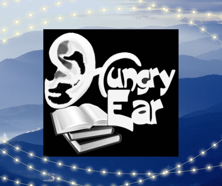 The Hungry Ear logo - the phrase Hungry Ear and the side of the H is an ear. The phrase Hungry Ear is attached to a stack of books.