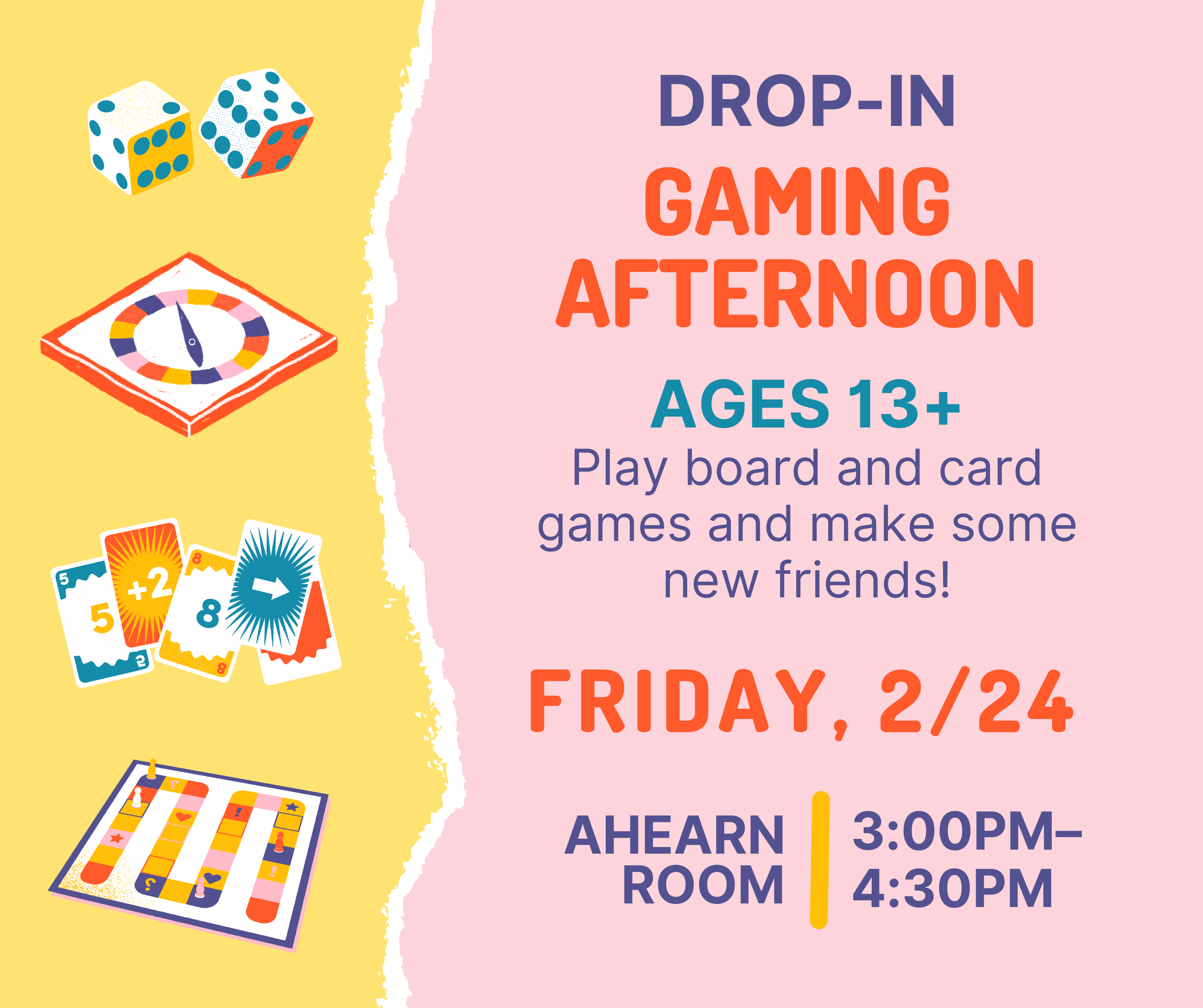 pink and yellow gaming afternoon flyer with cards and board games on the page