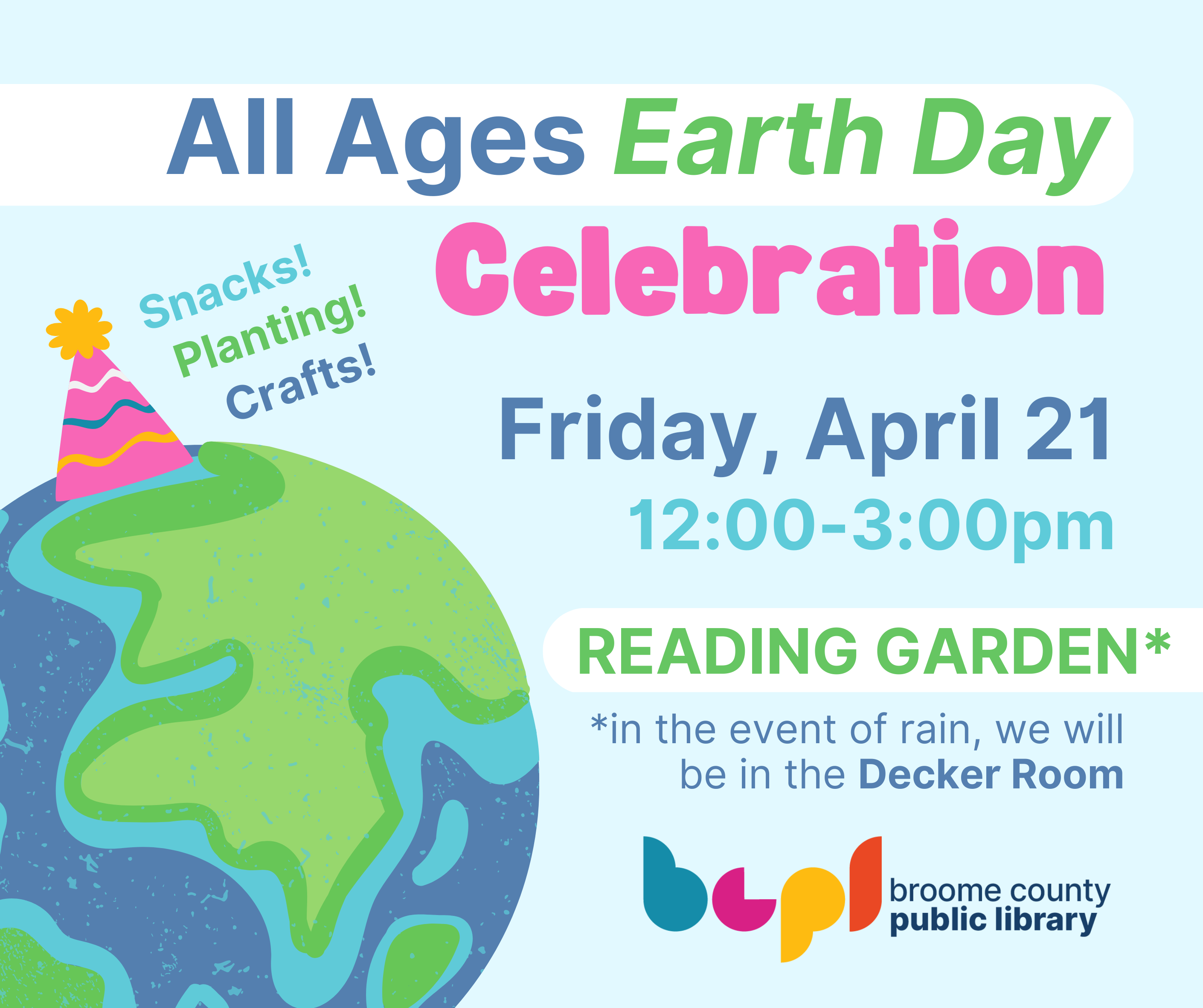 image of the All Ages Earth Day Celebration flyer with a globe wearing a party hat