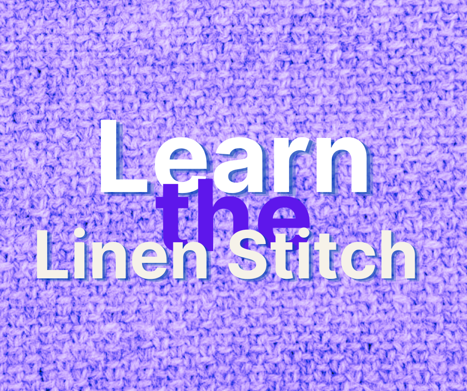 back ground of knitted fabric with text "Learn the Linen Stith"