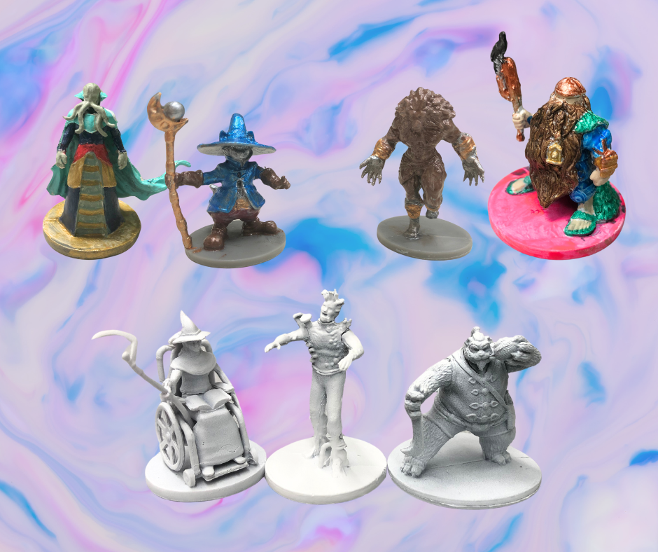 a pink and purple swirly background with pictures of painted and unpainted miniature RPG figures