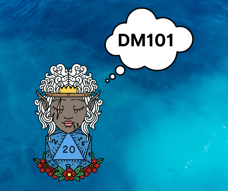a design of an elf face attached to a D20 dice with a thought bubble with DM101 written inside the thought bubble. there is a blue background.