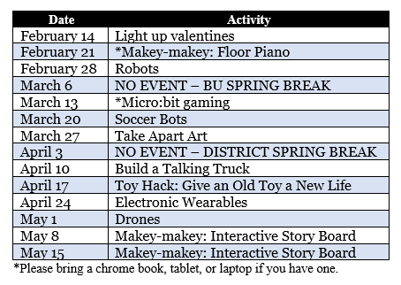 Text reads: February 14  Light up valentines  February 21  *Makey-makey: Floor Piano  February 28  Robots  March 6  NO EVENT  March 13  *Micro:bit gaming  March 20  Soccer Bots  March 27  Take Apart Art  April 3  NO EVENT  April 10  Build a Talking Truck  April 17  Toy Hack: Give an Old Toy a New Life  April 24  Electronic Wearables  May 1  Drones  May 8  Makey-makey: Interactive Story Board  May 15  Makey-makey: Interactive Story Board