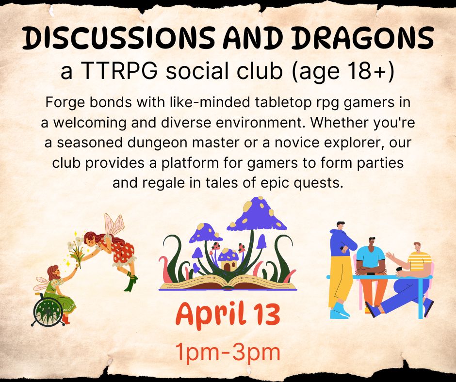 This image reads the same as the event description with two fairies sharing flowers, a book with mushrooms growing out of it, and a diverse group of friends at a table.
