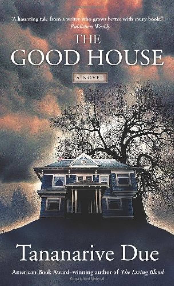 a house on a hill with a dark, cloudy background with title information