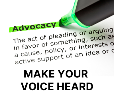 dictionary definition of advocacy with additional text "Make Your Voice Heard"