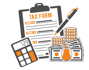 Image of a tax form, calculator, pen, bills, and change. 