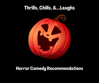 thrills, chills, & laughs logo with smiling pumpkin