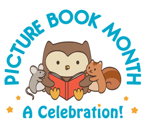 Picture book month logo-the words Picture Book Month are written in blue text and arch over a cartoon of a mouse reading a book to a mouse and a squirrel. Below the picture, in blue text, are the words A Celebration!