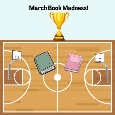 A basketball court with basketball hoops and books. 