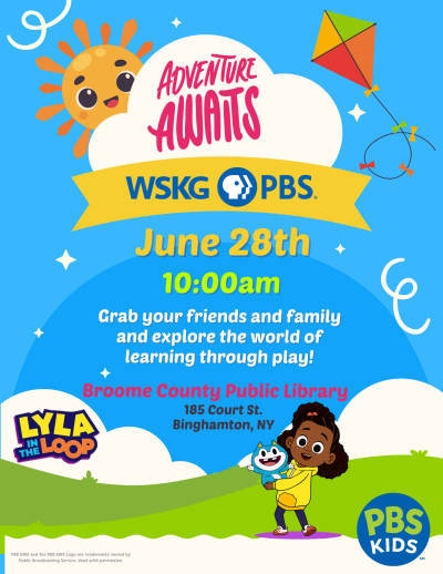 Poster for "Adventure Awaits" with WSKG and PBS, showing a happy animated scene with a child outside flying a kite