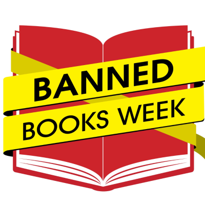 Red book with yellow tape labeled "Banned Books Week"