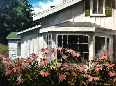 painting of a white, rustic house, a green tree in the left background, and pink flowers in the foreground