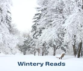 a snowy forest with a snow covered bench. the bottom has blue text that says "Wintery Reads."
