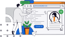 Gotresumebuilder image- a standing person holds a white envelope in front of a webpage reading Gotresumebuilder. He has a green speech bubble above him. on the webpage is a box with another person sitting in it.