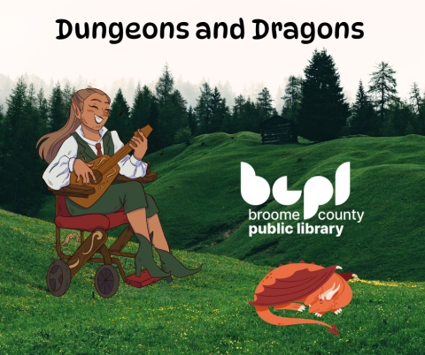 a female bard holding a stringed instrument in an old fashioned wheelchair next to a sleeping dragon in a landscape setting. The title reads Dungeons and Dragons and there is a BCPL logo.