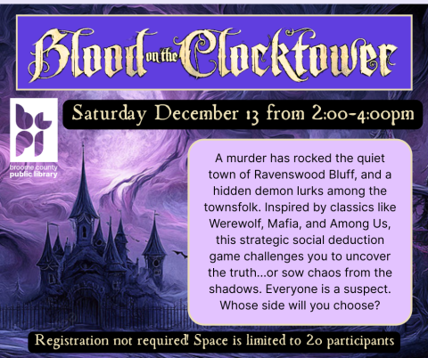 gold ornate script reading blood on the clocktower on a purple background, with a purple spooky looking house and text from the description