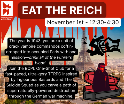 Image shows text from description and a vampire emerging from a coffin in front of Paris cityscape, blood dripping from the top and a symbol of a fist punching a swastika