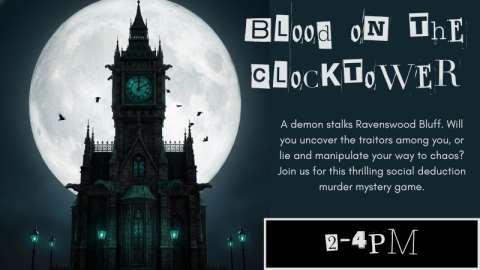 a clocktower at night in front of a large moon, blood on the clocktower written in the style of a ransom letter cut out of newspapers