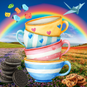 Three colorful teacups stacked in a flower field beneath a rainbow with cookies on the grass.