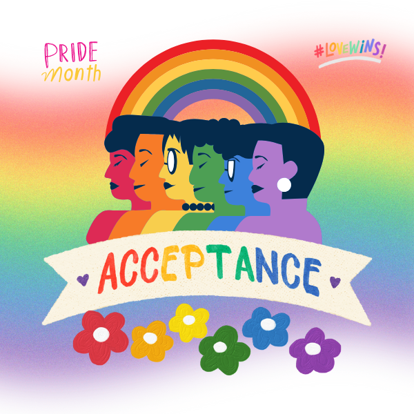 Rainbow background with three fliers and several people in the rainbow colors