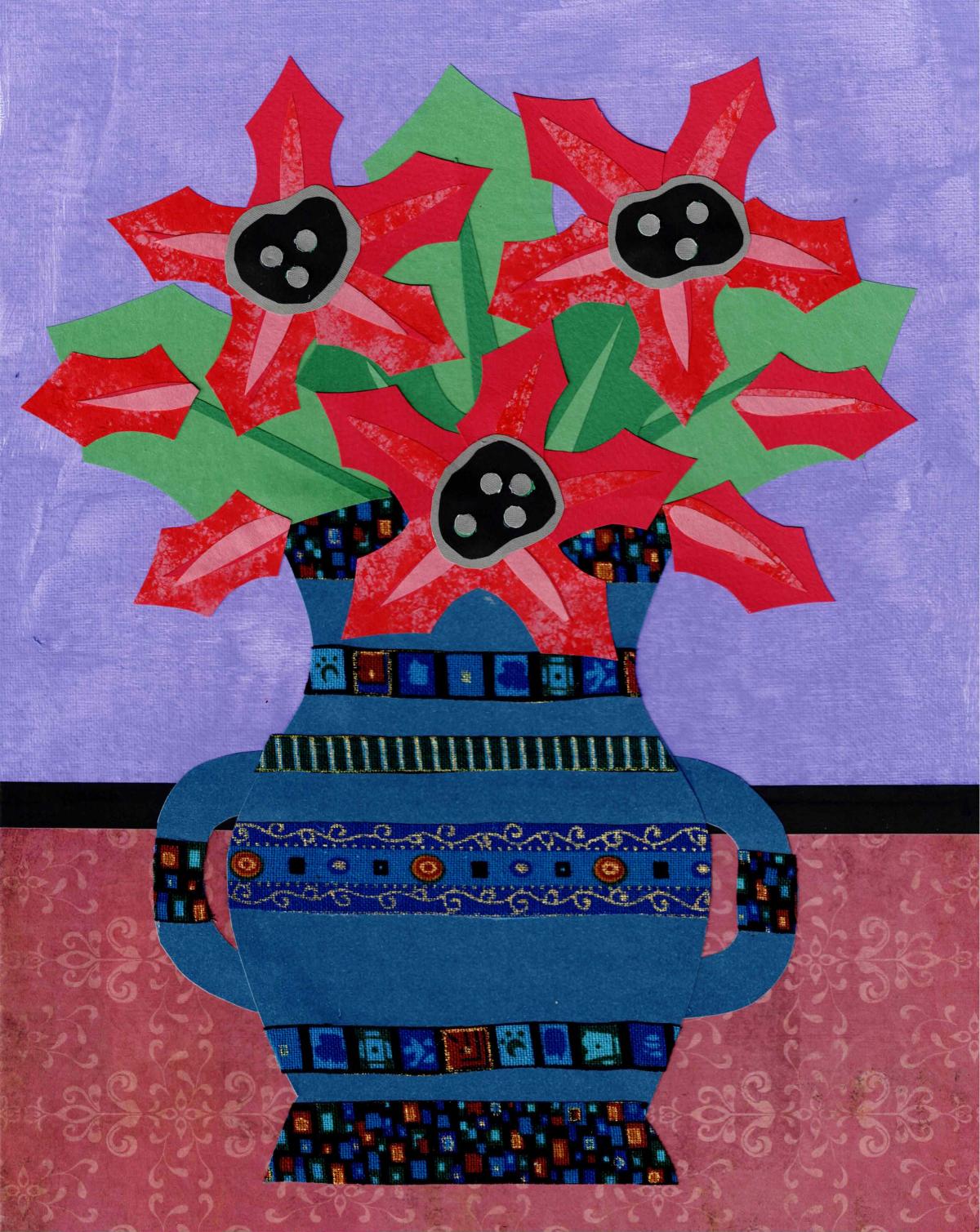 cut out collage of poinsettia flowers in a blue vase