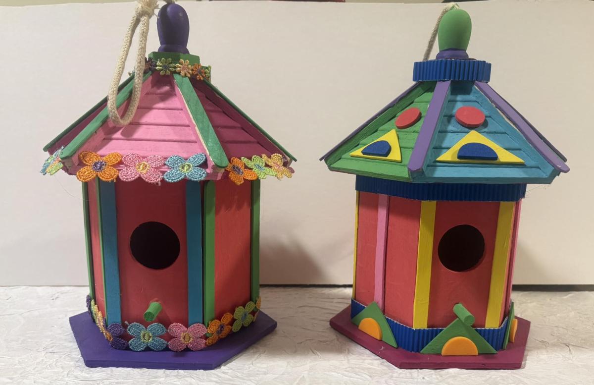 2 colorfully painted birdhouses, embellished with shapes and flowers