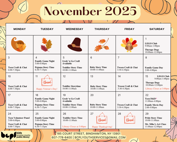 November 2025 Youth Services Calendar
