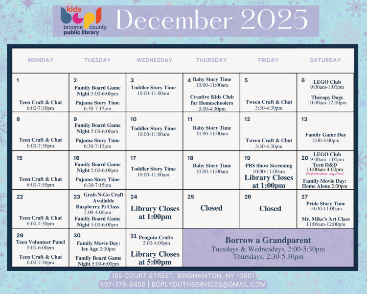 Youth Services December 2025 Calendar of Events