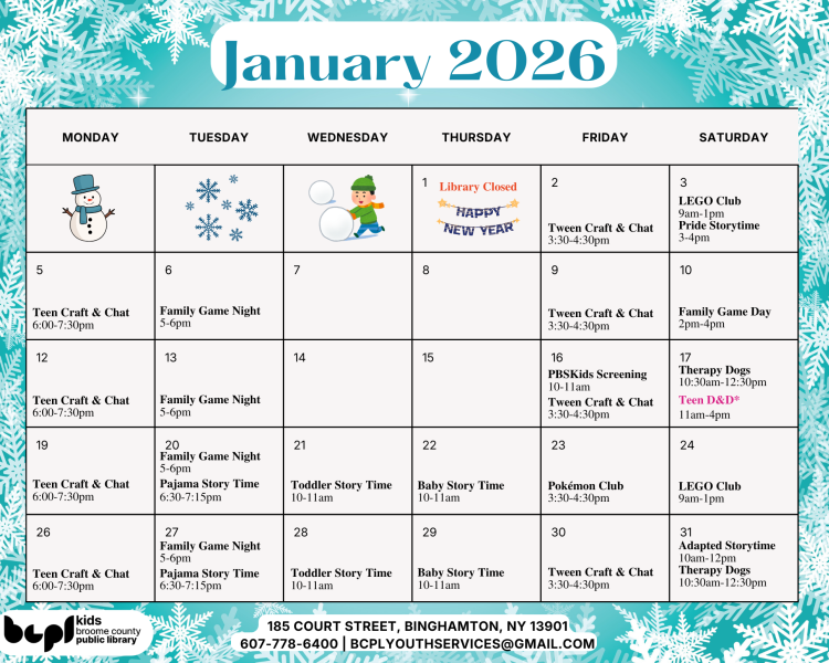 Youth Services January 2026 Calendar of Events