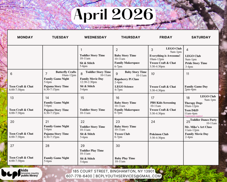 an image showing the April calendar of events for youth services at Broome County Public Library