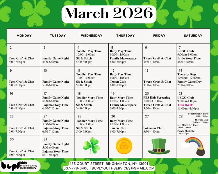 Calendar of events for youth services programs for March 2026